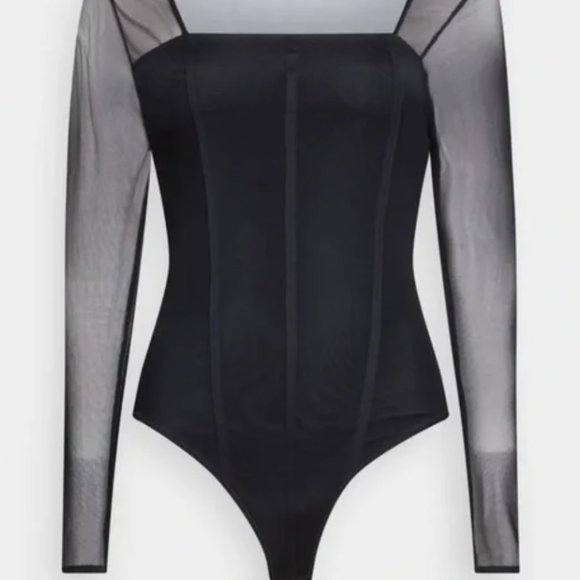 Abercrombie & Fitch Square Neck Mesh Long Sleeve Bodysuit Gray - Picture 2 of 6